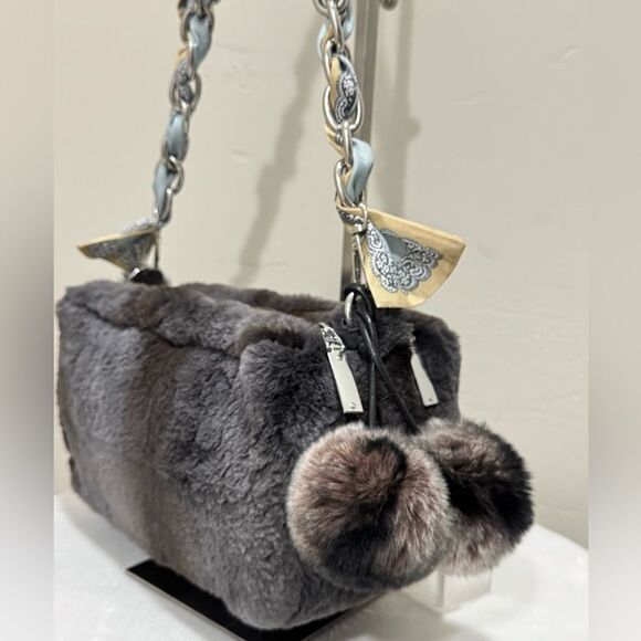 Gray Real Sheared Beaver Fur Handmade Double Zip Pillow Shoulder Bag/ Crossbody - Picture 11 of 16